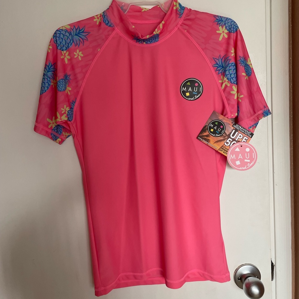 NWT Girls Pink Floral Pineapple Maui & Sons UPF 50+ Rash Guard (M)